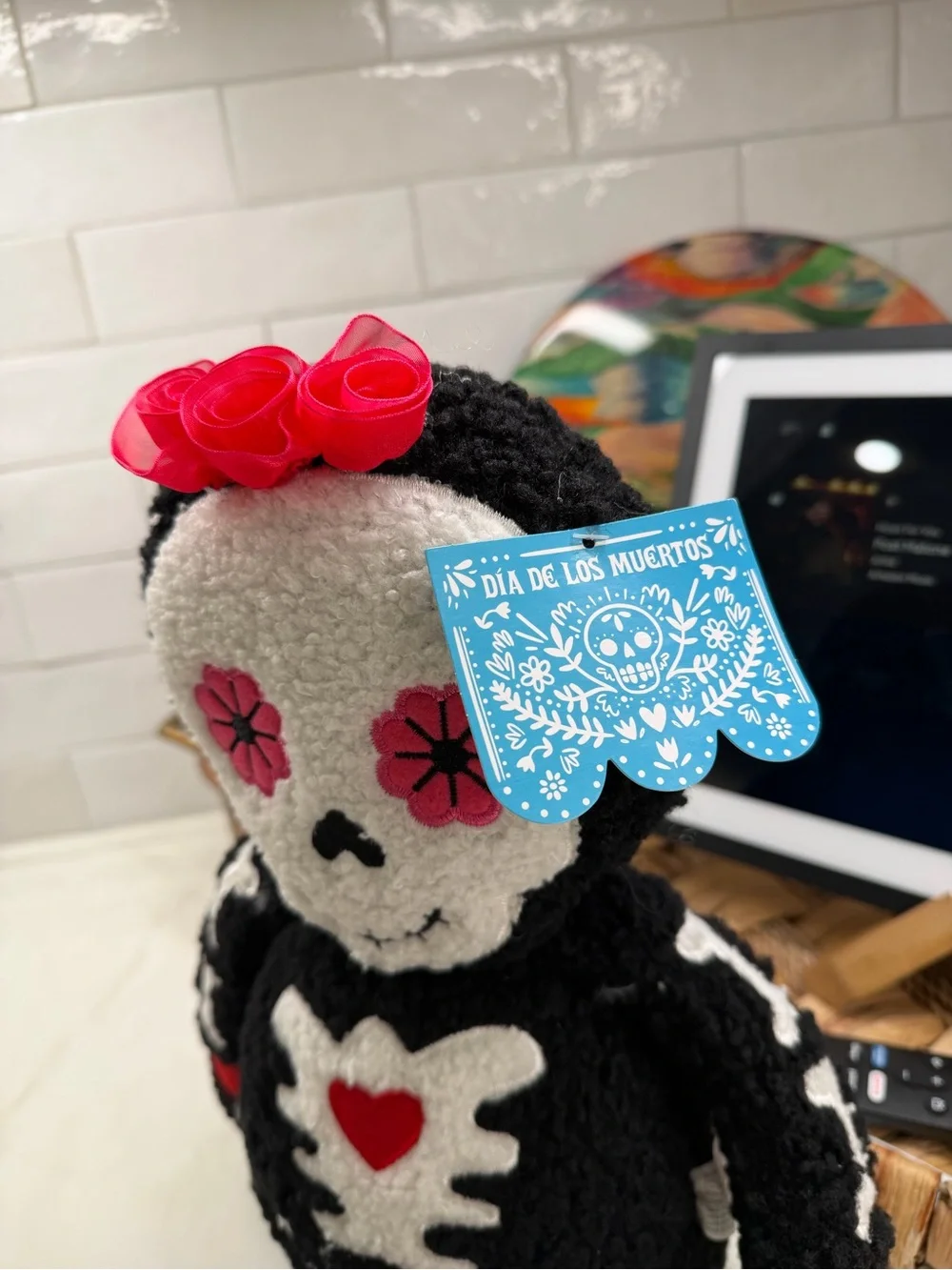 DIA DE LOS MUERTOS Plush Self Sitter Girl Skeleton - Flower Crown - NWT